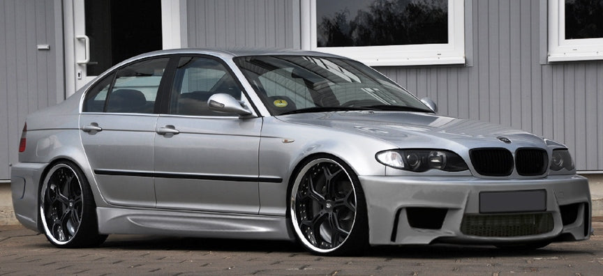 Side View of Front Bumper for BMW 3 Seires E46 1M Look on vehicle. Made from 1st grade FRP (reinforced fiberglass)