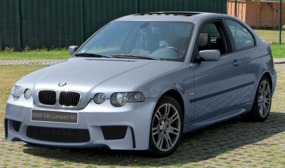 Front View of Front Bumper for BMW 3 Series E46 COMPACT 2001 1M Look on vehicle. Made from 1st grade FRP (reinforced fiberglass)