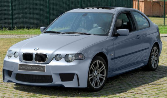 Front View of Front Bumper for BMW 3 Series E46 COMPACT 2001 1M Look on vehicle. Made from 1st grade FRP (reinforced fiberglass)