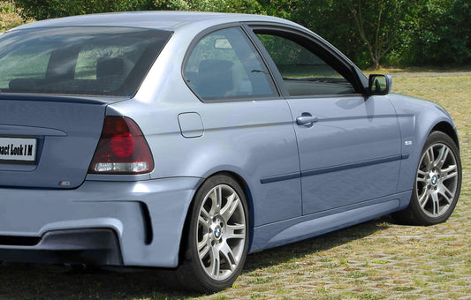 Back View of Side Skirts for BMW 3 SERIES E46 COMPACT 2001 1M Look on vehicle. Made from 1st grade FRP (reinforced fiberglass)