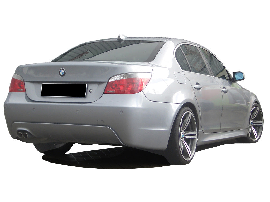 Back View of Rear Bumper for BMW 5 Series E60 Pack M Look on vehicle. Made from 1st grade FRP (reinforced fiberglass)