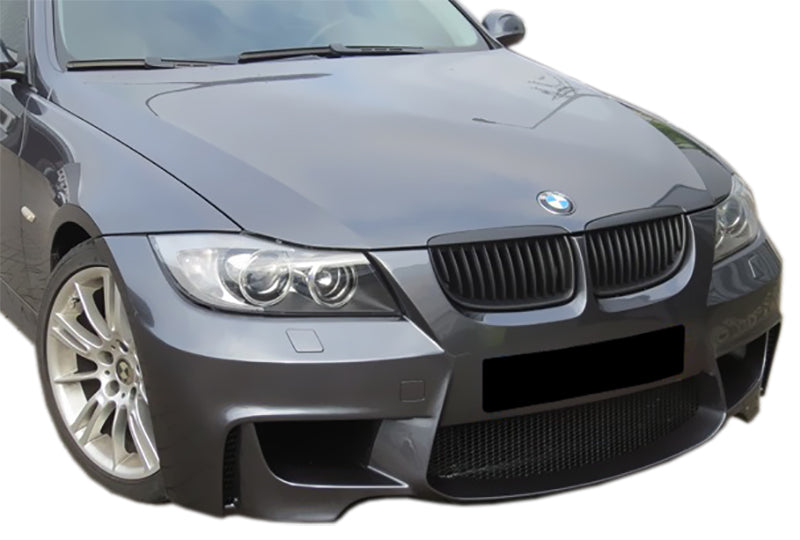 Front View of Front Bumper for BMW 3 Series E90/E91 PRE-LCI 1M Look on vehicle. Made from 1st grade FRP (reinforced fiberglass)