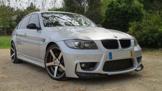 Front View of Front Bumper for BMW 3 Series E90/E91 PRE-LCI FR Style on vehicle. Made from 1st grade FRP (reinforced fiberglass)