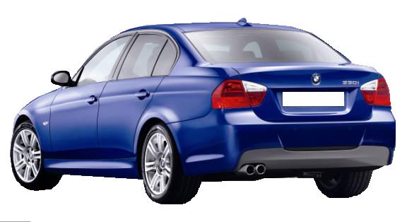 Back View of Rear Bumper for BMW 3 Series E90 Pack M Look on vehicle. Made from 1st grade FRP (reinforced fiberglass)
