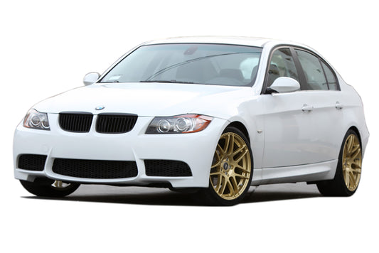 Front View of Front Bumper for BMW 3 Series E90/E91 PRE-LCI Sport on vehicle. Made from 1st grade FRP (reinforced fiberglass)