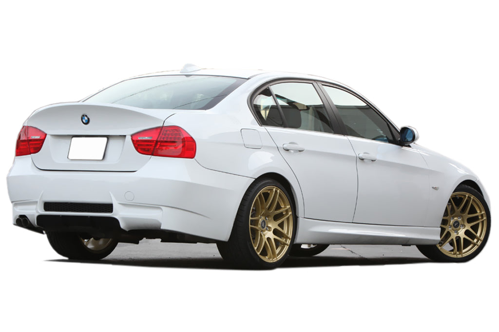 Back View of Rear Bumper for BMW 3 Series E90 Sport on vehicle. Made from 1st grade FRP (reinforced fiberglass)