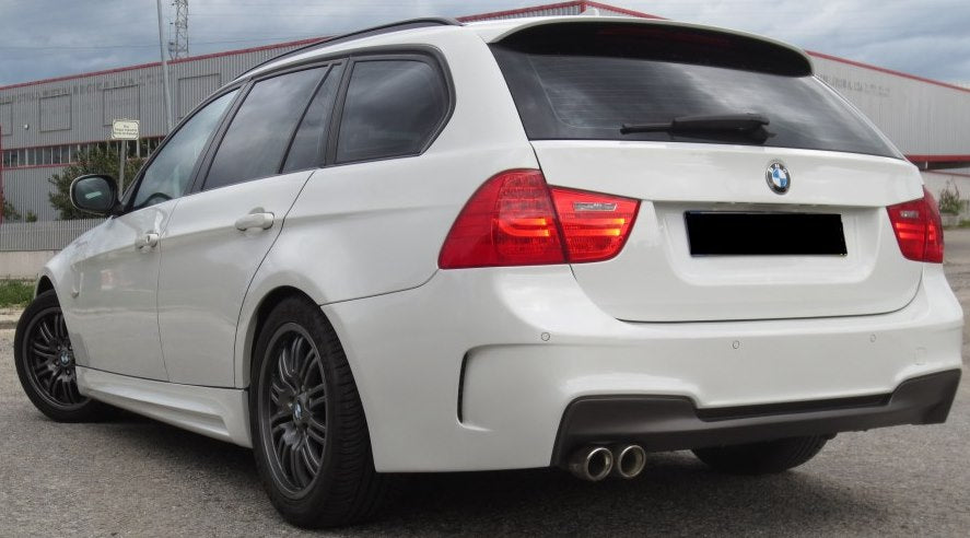 Back View of Rear Bumper for BMW 3 Series E91 1M Look & Rear Diffuser 1M Look Double Exhaust Left Side. Made from 1st grade FRP (reinforced fiberglass)