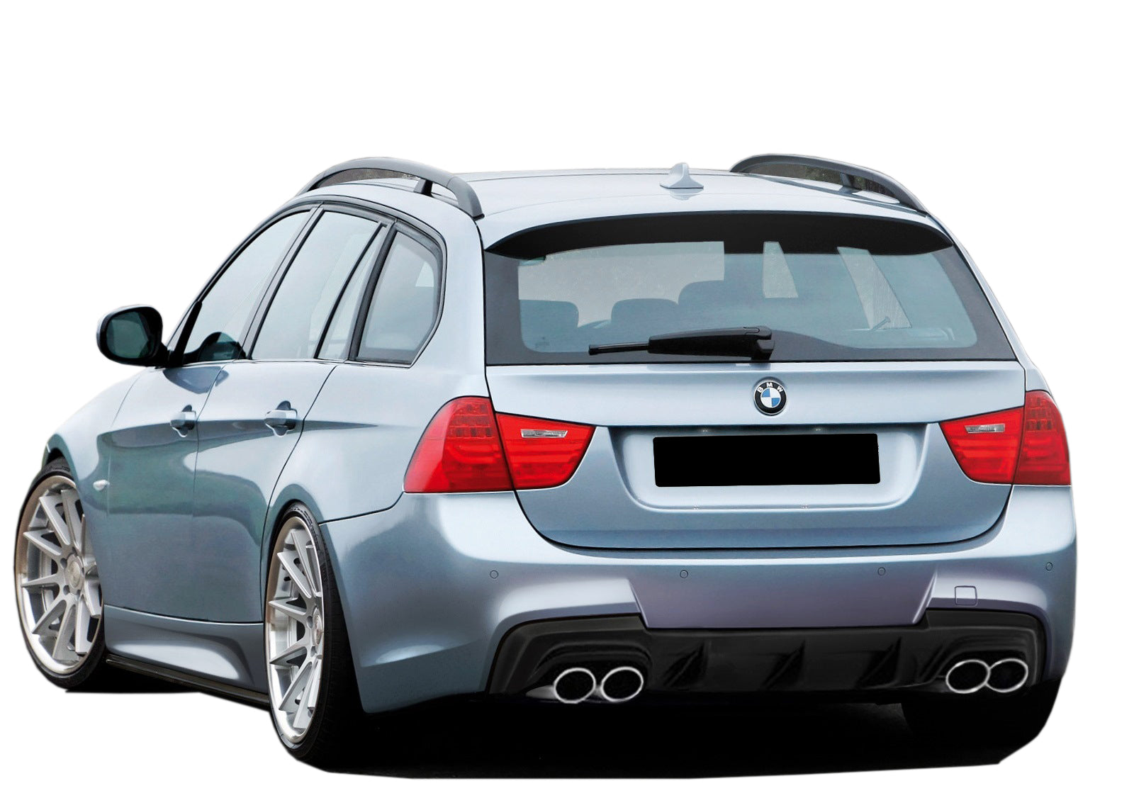 Back View of Rear Bumper for BMW 3 SERIES E91 FR Style & Rear Diffuser FR Style Double Exhaust Tip Both Sides, on vehicle. Made from 1st grade FRP (reinforced fiberglass)