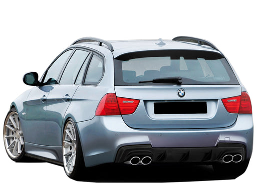 BMW 3 Series E91 Touring with FR Style rear bumper, featuring quad exhaust outlets, sporty diffuser design and silver body color.