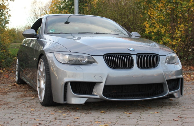 Front View of Front Bumper for BMW 3 Series M3 Coupe E92/E93 PRE-LCI 1M Look on vehicle. Made from 1st grade FRP (reinforced fiberglass)  