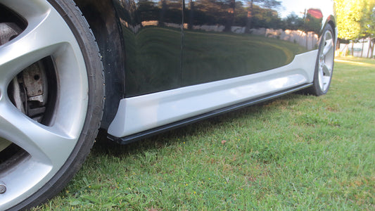 Close-up View of Side Skirts for BMW 3 SERIES E92/E93 FR STYLE on vehicle, Set of Extension Blades included. Made from 1st grade FRP (reinforced fiberglass)