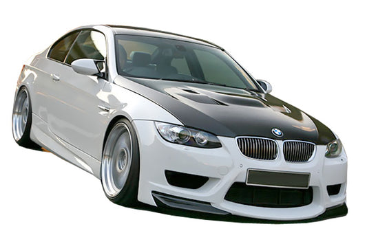 Front bumper BMW 3 Series M3 Coupe E92 M3 Pre-LCI Ericsson style on a modified white BMW with carbon hood.
