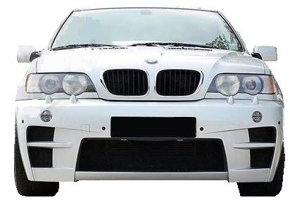 BMW X5 Series E53 front bumper in white, featuring a sporty design with wide air intakes, aerodynamic styling, and integrated fog light mounts.
