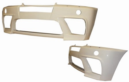 BMW X5 Series E53 front bumper replacement in white, unpainted version with wide air vents, fog light mounts, and sporty aerodynamic design.