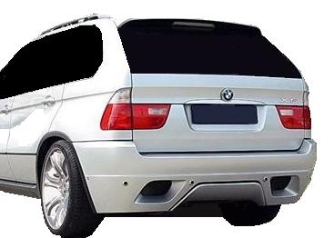 Back View of Rear Bumper for BMW X5 Series E53 on vehicle. Made from 1st grade FRP (reinforced fiberglass)
