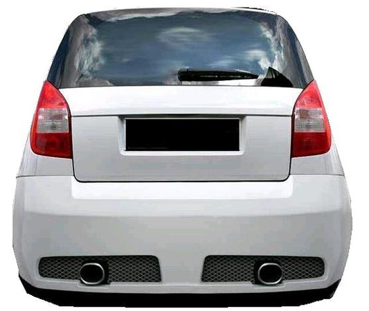 White Citroën C2 with Boxer rear bumper, featuring dual exhaust outlets and mesh detailing for a sporty, performance-oriented look.