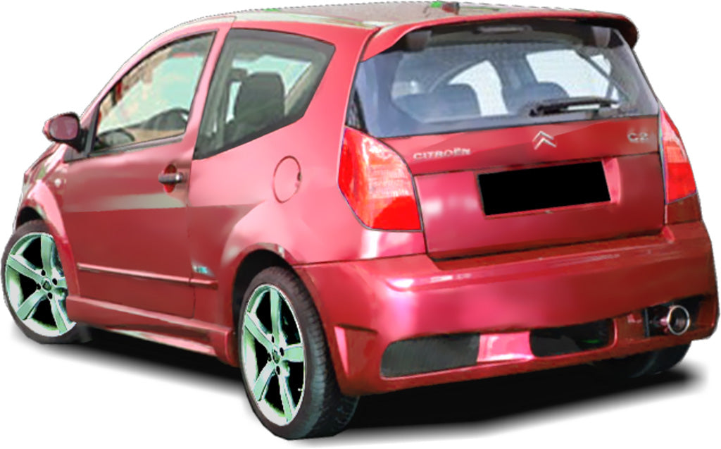 Back View of Rear Bumper for Citroen C2 ULTRA on vehicle. Made from 1st grade FRP (reinforced fiberglass)