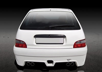 Back View of Rear Bumper for Citroen Saxo 2000 Shooter on vehicle. Made from 1st grade FRP (reinforced fiberglass)
