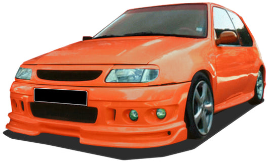 Front View of Front Bumper for Citroen Saxo Gladiator on vehicle (Fog Lights not included). Made from 1st grade FRP (reinforced fiberglass)