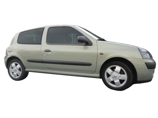 Side View of Side Skirts for Renault Clio II RS Look on vehicle. Made from 1st grade FRP (reinforced fiberglass)