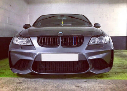 Front View of Front Bumper for BMW 3 Series E90/E91 PRE-LCI M2 Look on vehicle. Made from 1st grade FRP (reinforced fiberglass)