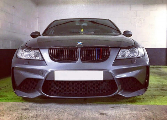 Front View of Front Bumper for BMW 3 Series E90/E91 PRE-LCI M2 Look on vehicle. Made from 1st grade FRP (reinforced fiberglass)