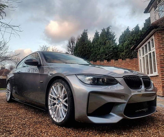 Side View of Front Bumper for BMW 3 Series E92/E93 COUPE M2 Look, on vehicle. Made from 1st grade FRP (reinforced fiberglass)