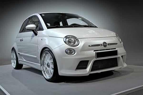 Front View of Front Bumper for Fiat 500 on vehicle. Made from 1st grade FRP (reinforced fiberglass)