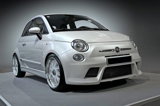 Front View of Front Bumper for Fiat 500 on vehicle. Made from 1st grade FRP (reinforced fiberglass)