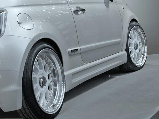 Side View of Side Skirts for Fiat 500 on vehicle. Made from 1st grade FRP (reinforced fiberglass)