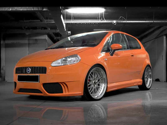 Front View of Front Bumper for Fiat Grande Punto on vehicle. Made from 1st grade FRP (reinforced fiberglass)