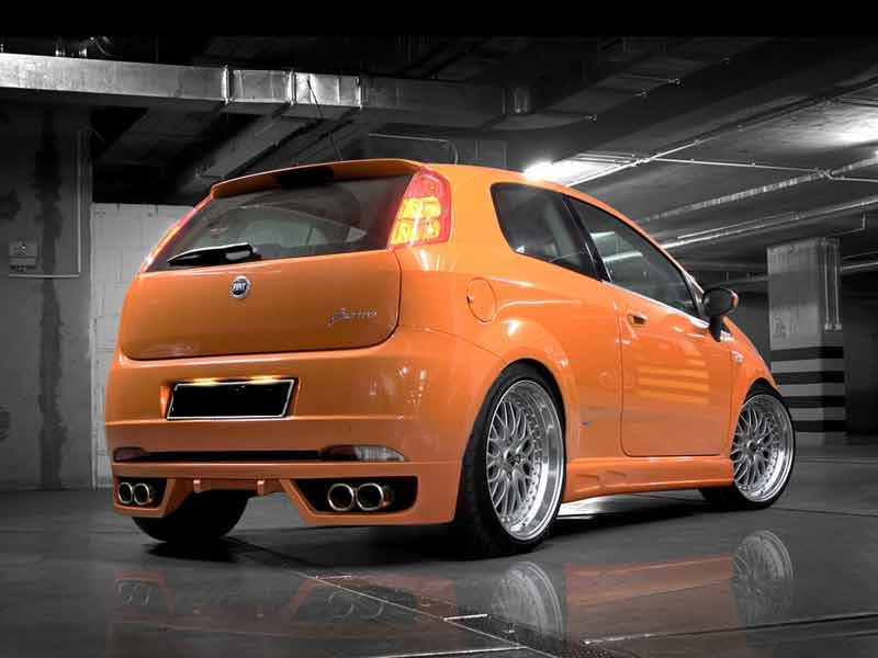 Back View of Rear Bumper for Fiat Grande Punto on vehicle. Made from 1st grade FRP (reinforced fiberglass)