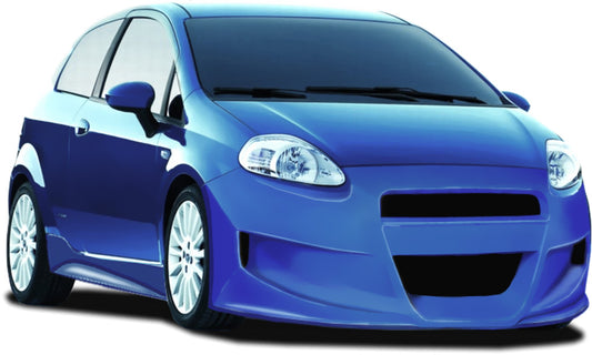 Front View of Front Bumper for Fiat Grande Punto Coyote on vehicle. Made from 1st grade FRP (reinforced fiberglass)