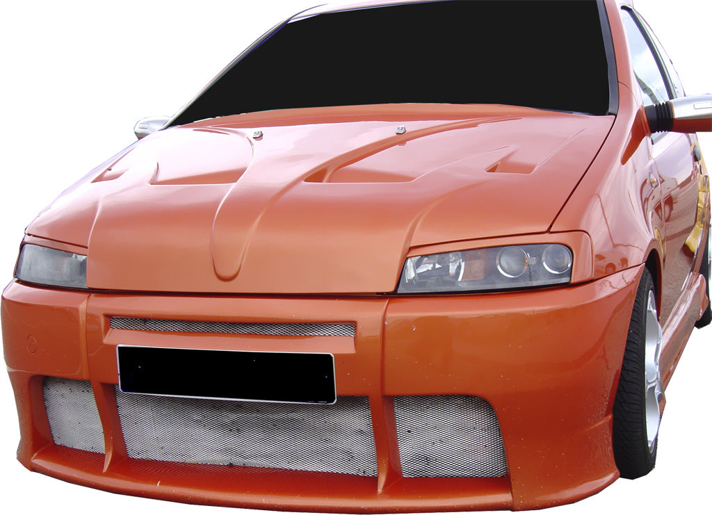 Front View of Front Bumper for Fiat Punto 2000 RS on vehicle. Made from 1st grade FRP (reinforced fiberglass)