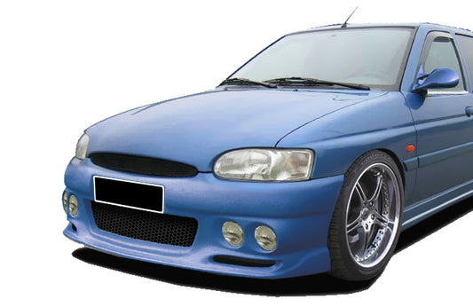Front View of Front Bumper for Ford Escort MK6 on vehicle (Fog Lights not included). Made from 1st grade FRP (reinforced fiberglass)