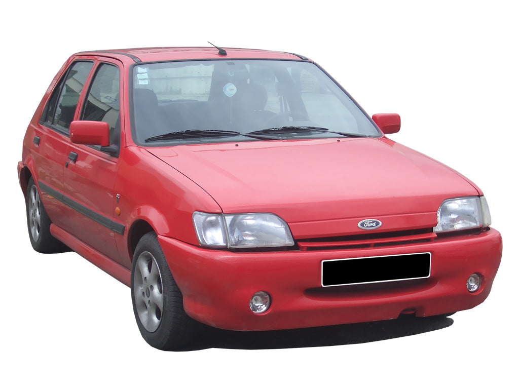 Front View of Front Bumper for Ford Fiesta MK3 on vehicle (Fog Lights not included). Made from 1st grade FRP (reinforced fiberglass)