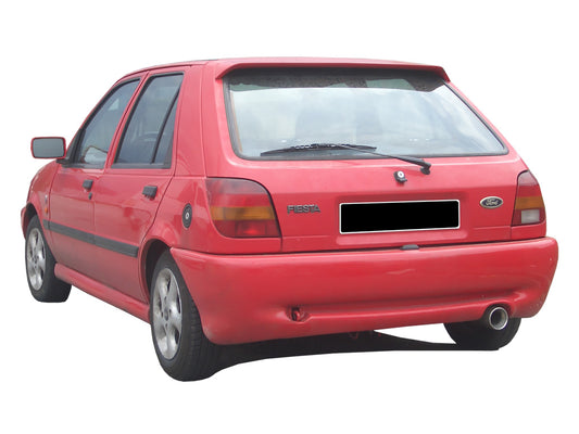 Back View of Rear Bumper for Ford Fiesta MK3 Sport on vehicle. Made from 1st grade FRP (reinforced fiberglass).