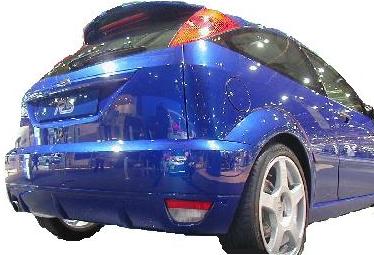 Back View of Rear Bumper for Ford Focus on vehicle. Made from 1st grade FRP (reinforced fiberglass)