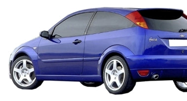 Back View of Side Skirts for Ford Focus on vehicle. Made from 1st grade FRP (reinforced fiberglass)