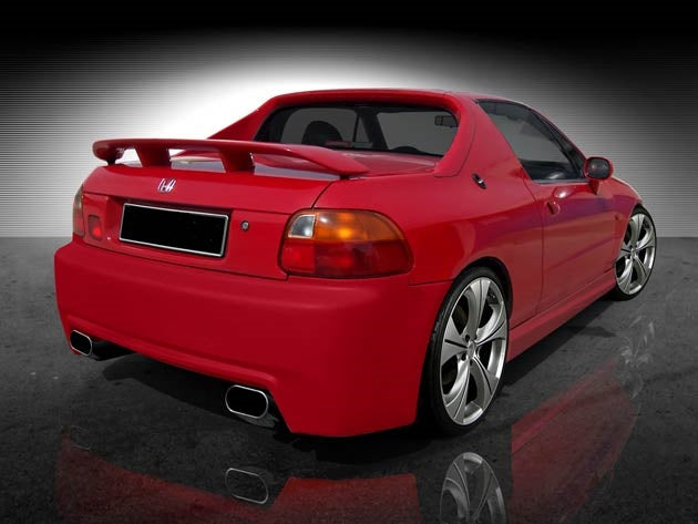 Back View of Rear Bumper for Honda CRX Del Sol Atlanta on vehicle. Made from 1st grade FRP (reinforced fiberglass)