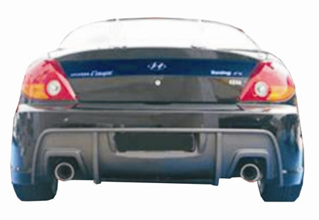 Back View of Rear Bumper for Hyundai Coupe 2003 on vehicle. Made from 1st grade FRP (reinforced fiberglass)