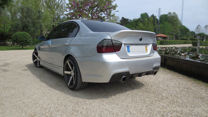 Back View of Rear Trunk for BMW 3 Series E90 PRE-LCI FR Style on vehicle. Made from 1st grade FRP (reinforced fiberglass)