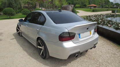 Back View of Rear Trunk for BMW 3 Series E90 PRE-LCI FR Style on vehicle. Made from 1st grade FRP (reinforced fiberglass)