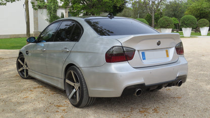 Back View of Rear Trunk for BMW 3 Series E90 PRE-LCI FR Style on vehicle. Made from 1st grade FRP (reinforced fiberglass)