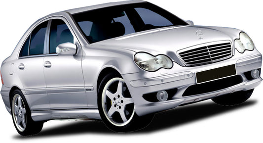 Front View of Front Bumper for Mercedes Class C W203 on vehicle. Made from 1st grade FRP (reinforced fiberglass)