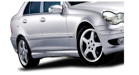 Side View of Side Skirts for Mercedes Class X W203 AKG on vehicle. Made from 1st grade FRP (reinforced fiberglass)