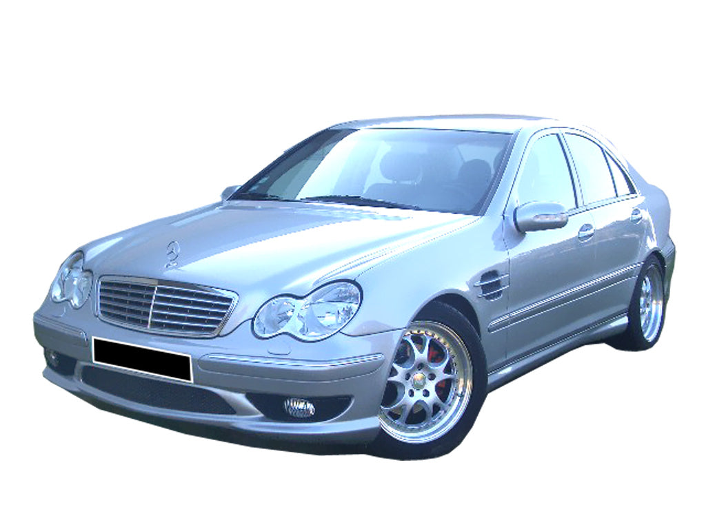 Front View of Front Bumper for Mercedes Class C W203 AMG Look on vehicle. Made from 1st grade FRP (reinforced fiberglass)