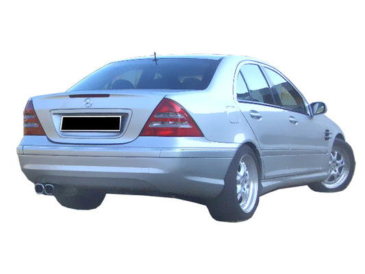 Back View of Rear Bumper for Mercedes Class C W203 AMG Look on vehicle. Made from 1st grade FRP (reinforced fiberglass)
