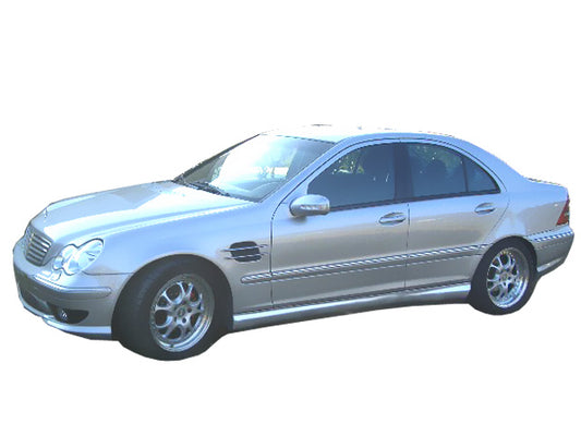 Side View of Side Skirts for Mercedes Class C W203 AMG on vehicle. Made from 1st grade FRP (reinforced fiberglass)