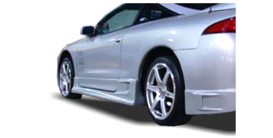 Back View of Side Skirts for Mitsubishi Eclipse Atlantico on vehicle. Made from 1st grade FRP (reinforced fiberglass)